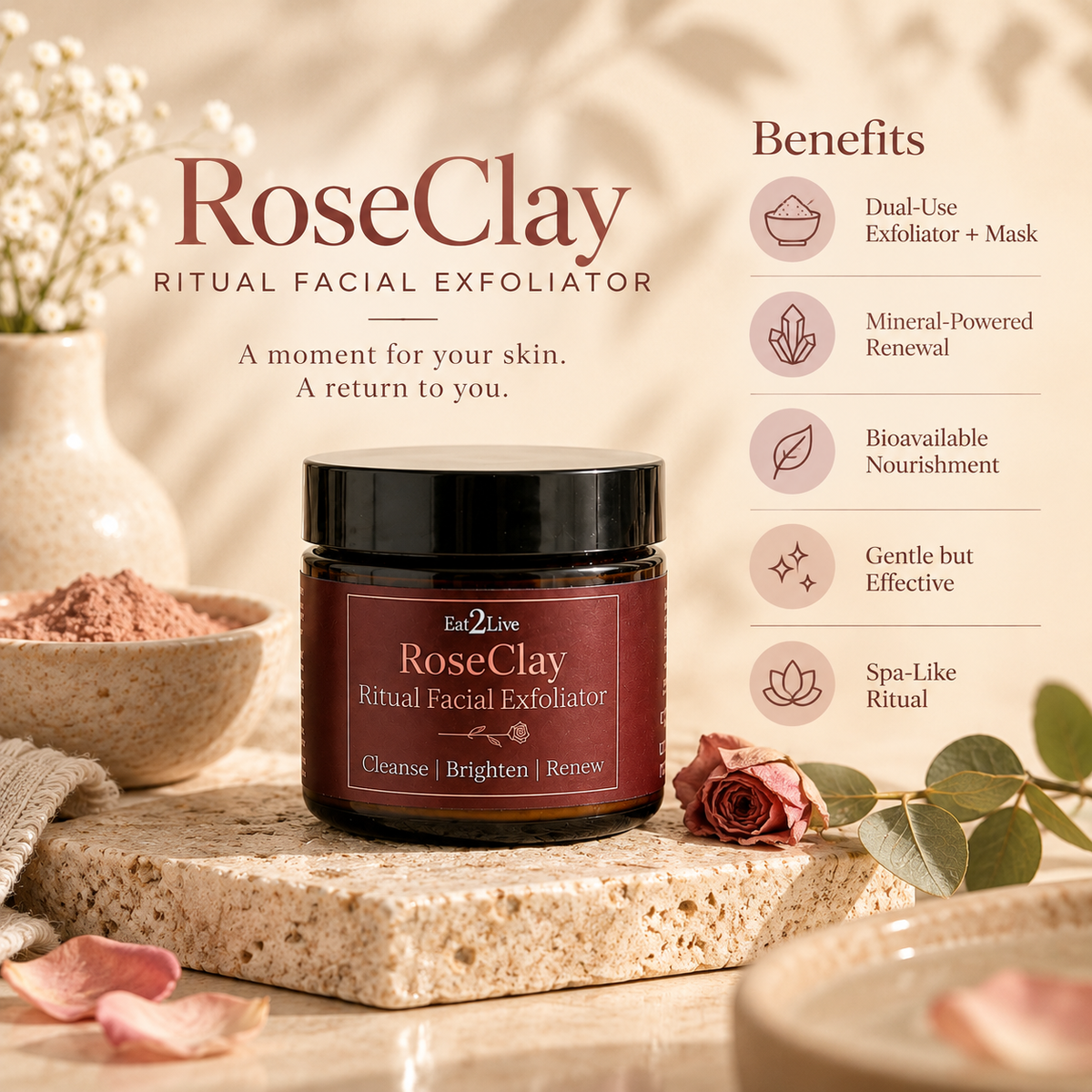 RoseClay Refining Mineral Facial Exfoliator for Women - Eat 2 Live
